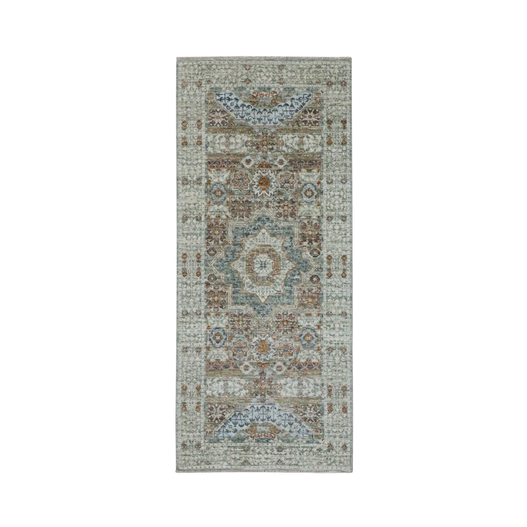 Pistachio Green, Pure Wool, Hand Knotted, Pre Historic 14th Century Influence, Mamluk Design, Natural Dyes, Narrow and Short Runner, Oriental Rug